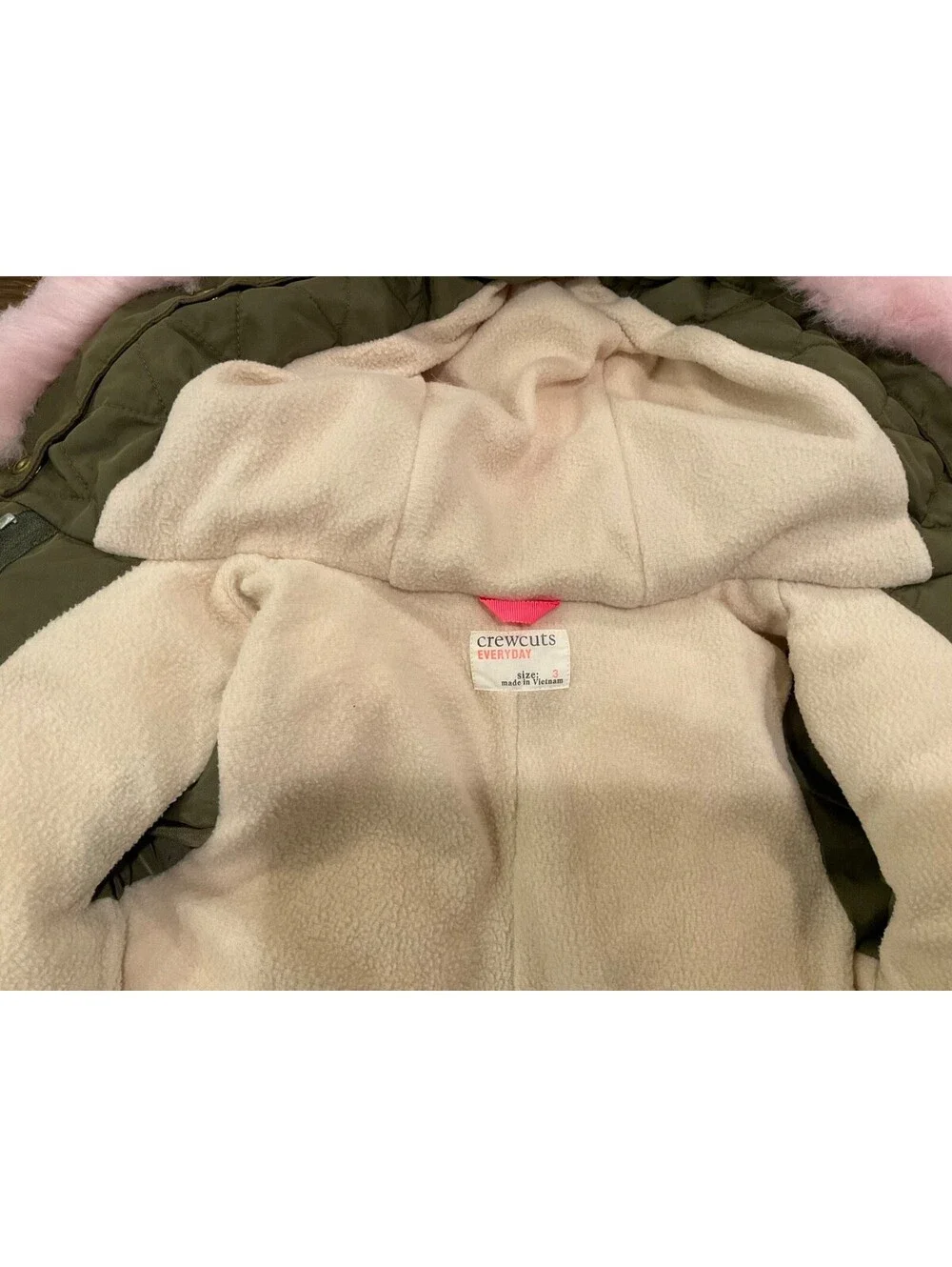 J. Crew Crewcuts Girls Fishtail Parka Olive Green Pink Faux-Fur Trim Sz3